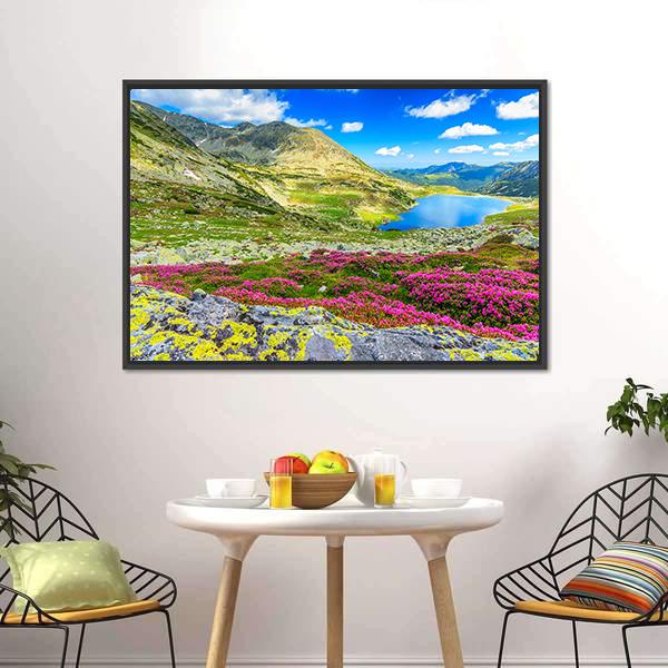 Glacier Lake With Flowers Canvas Wall Art-3 Horizontal-Gallery Wrap-25" x 16"-Tiaracle