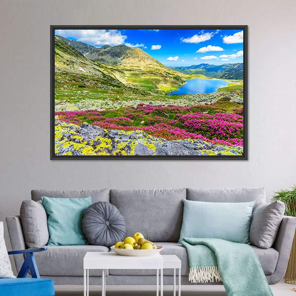 Glacier Lake With Flowers Canvas Wall Art-3 Horizontal-Gallery Wrap-25" x 16"-Tiaracle