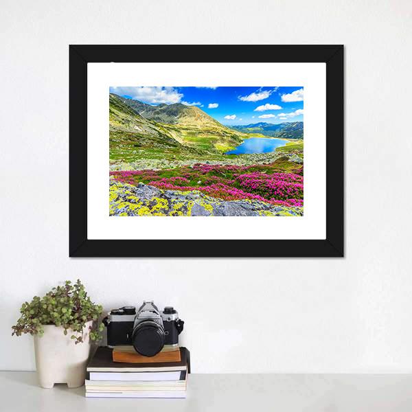 Glacier Lake With Flowers Canvas Wall Art-1 Piece-Framed Print-20" x 16"-Tiaracle