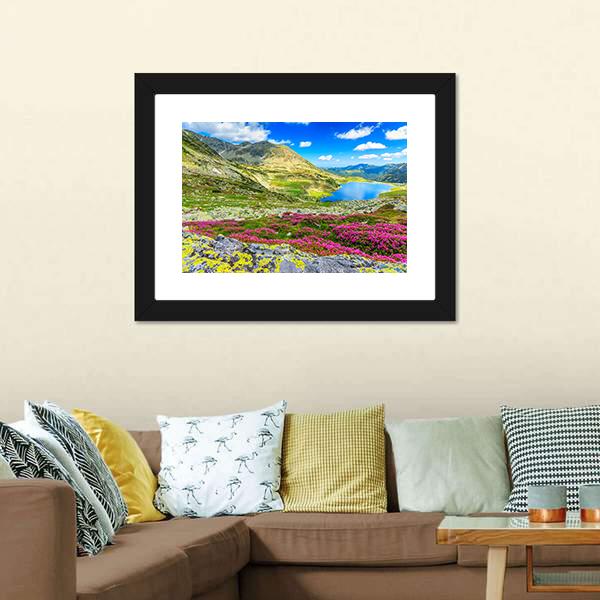 Glacier Lake With Flowers Canvas Wall Art-3 Horizontal-Gallery Wrap-25" x 16"-Tiaracle