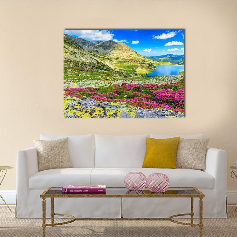 Glacier Lake With Flowers Canvas Wall Art-1 Piece-Gallery Wrap-48" x 32"-Tiaracle