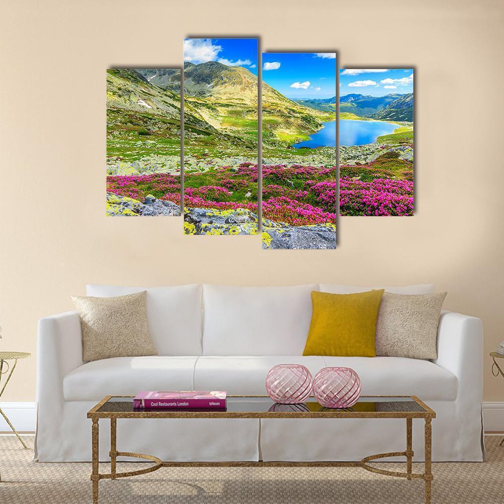 Glacier Lake With Flowers Canvas Wall Art-4 Pop-Gallery Wrap-50" x 32"-Tiaracle