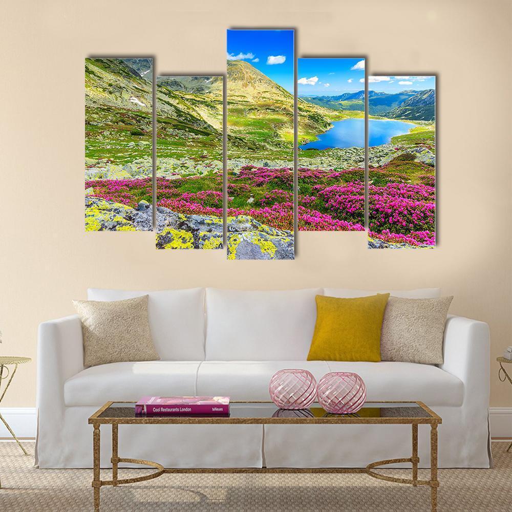 Glacier Lake With Flowers Canvas Wall Art-5 Pop-Gallery Wrap-47" x 32"-Tiaracle