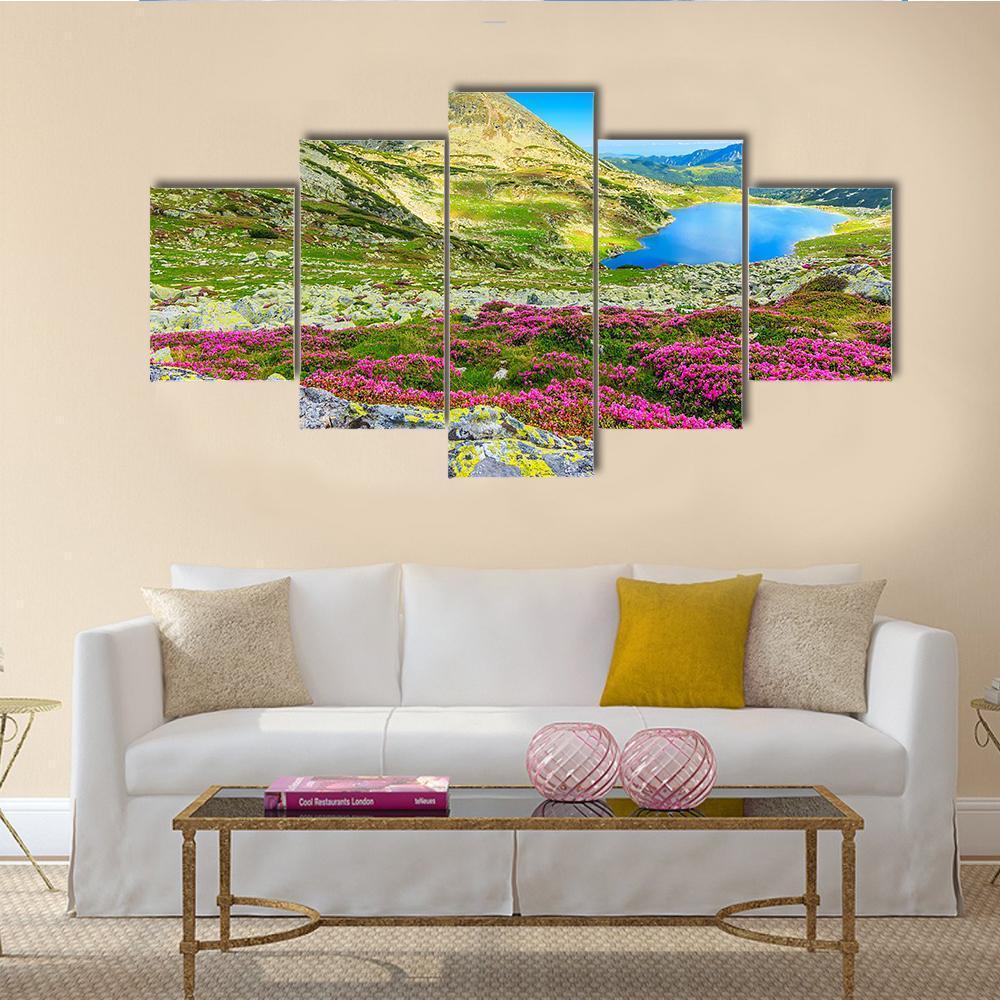 Glacier Lake With Flowers Canvas Wall Art-5 Star-Gallery Wrap-62" x 32"-Tiaracle