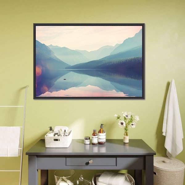 Glacier National Park Lake Reflection Canvas Wall Art in white, blue and pink, framed canvas, product view on a white background