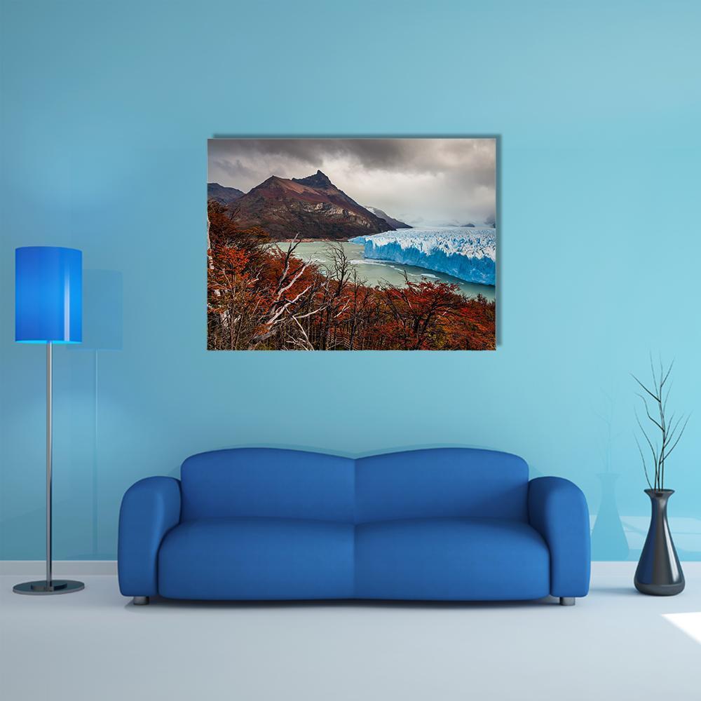 Perito Moreno Glacier in Autumn Canvas Wall Art in gray, brown and blue, single panel hung on a wall