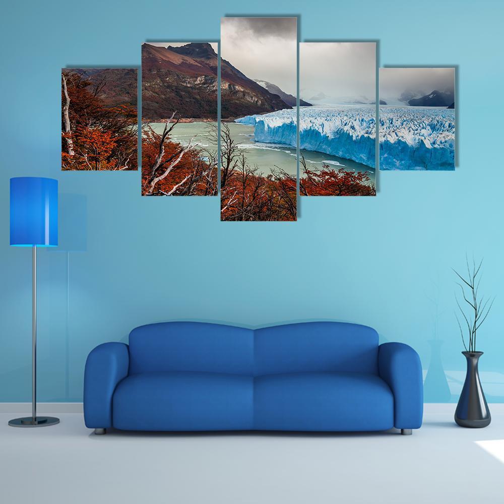 Perito Moreno Glacier in Autumn Canvas Wall Art in gray, brown and blue, 5 panel Star layout hung on a wall