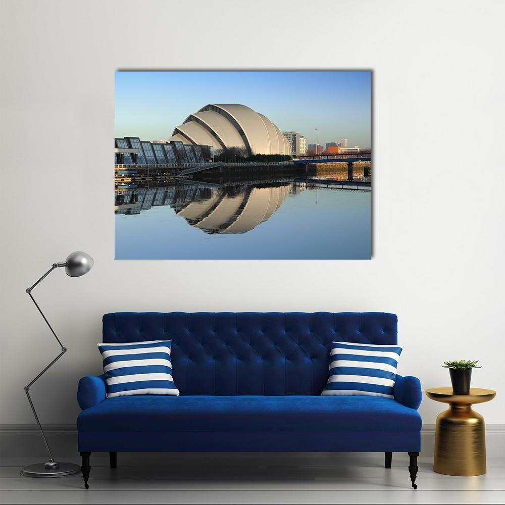 Glasgow Armadillo in Winter Canvas Wall Art in white, gray and blue, single panel hung on a wall