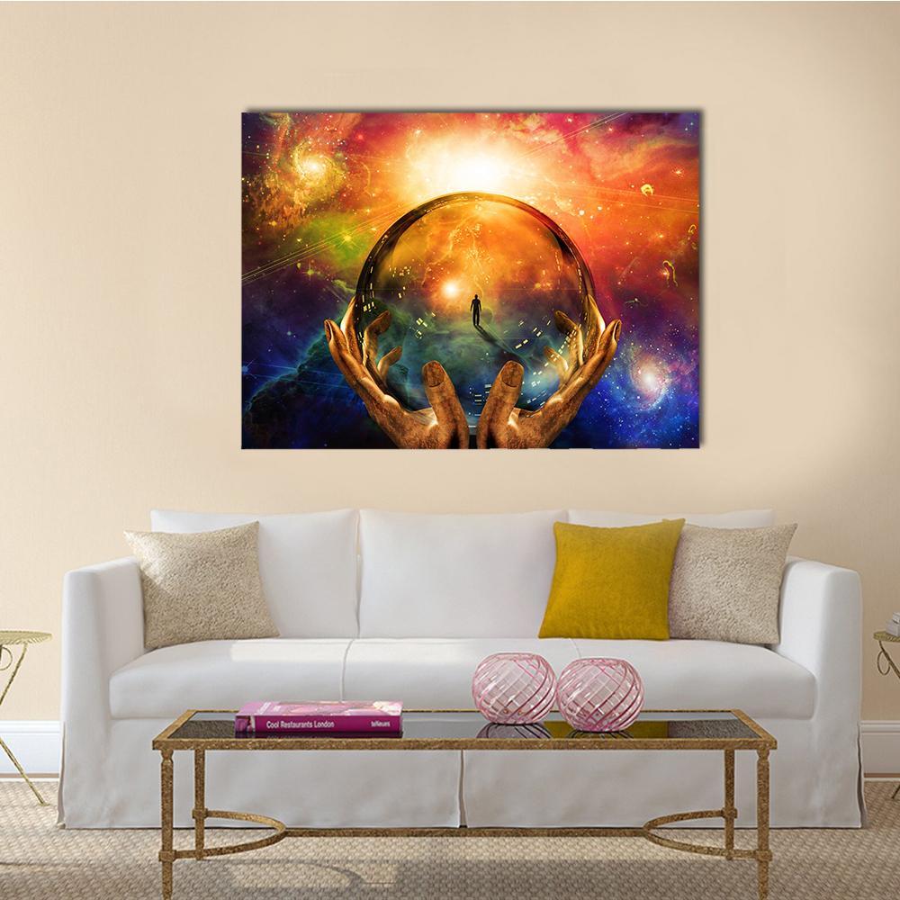 Man Inside Glass Sphere Canvas Wall Art in orange, blue and multicolor, single panel hung on a wall