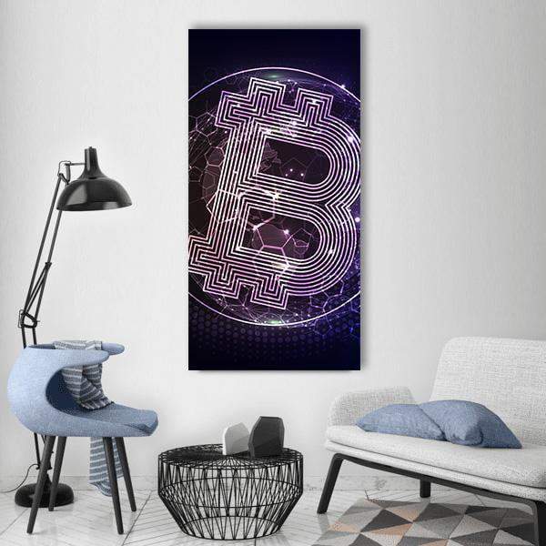 Purple Bitcoin Symbol Vertical Canvas Wall Art in black and purple, hung on a wall