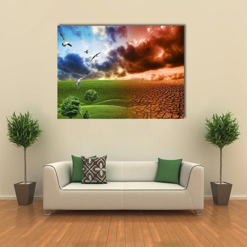 Life and Drought Split Landscape Canvas Wall Art in orange, green and blue, single panel hung on a wall