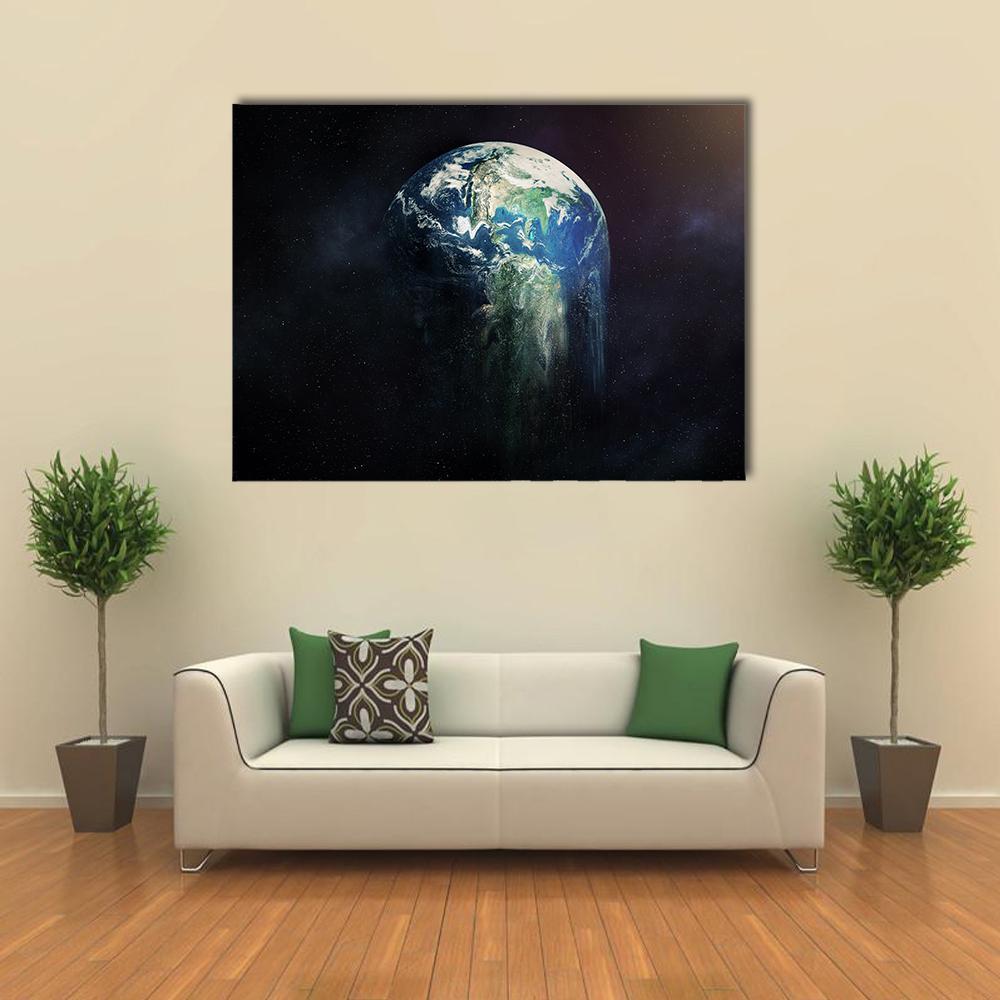 Melting Earth Concept in Abstract Style Canvas Wall Art in black, green and blue, single panel hung on a wall