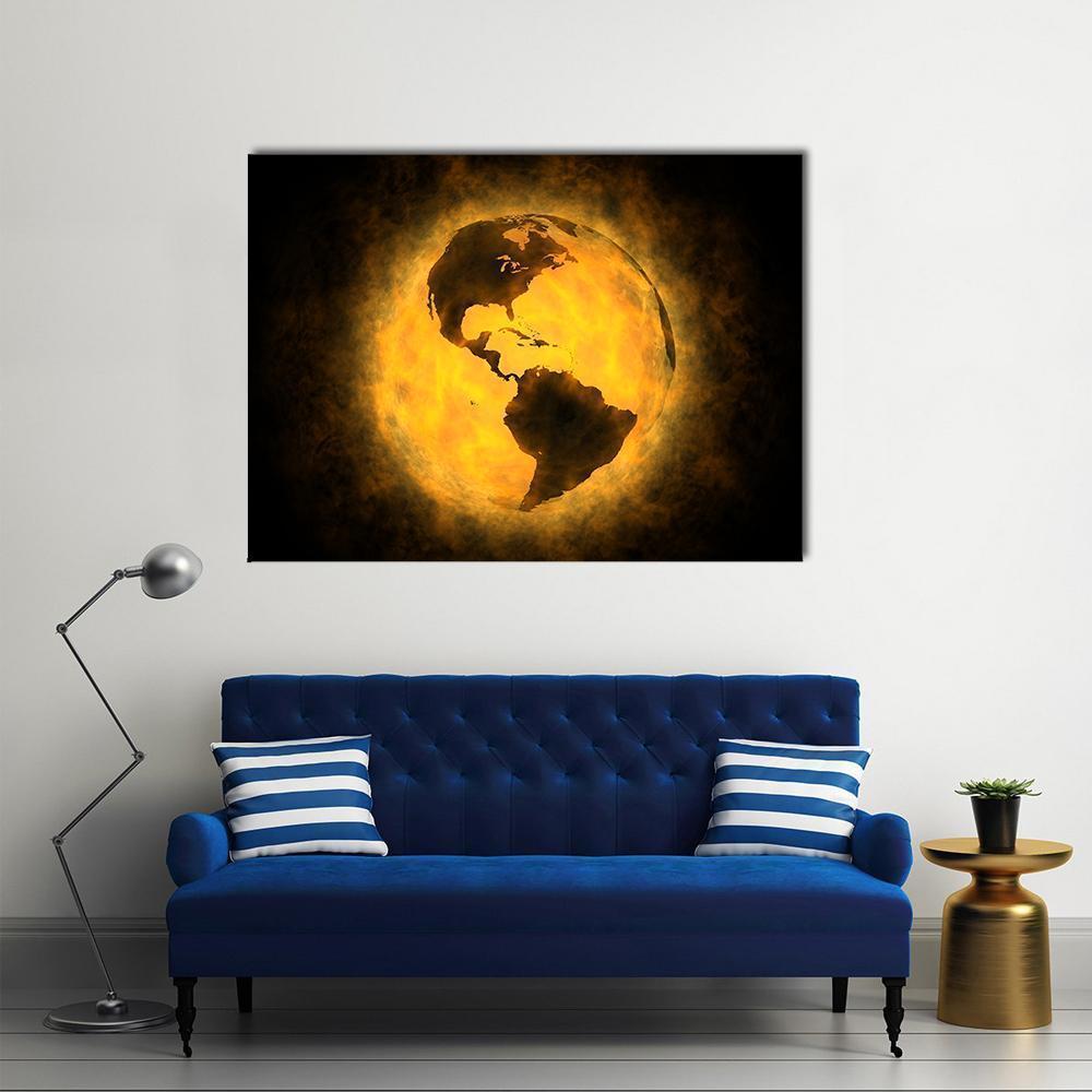 Planet Earth in Flames with Americas Silhouette Canvas Wall Art in black, orange and yellow, single panel hung on a wall