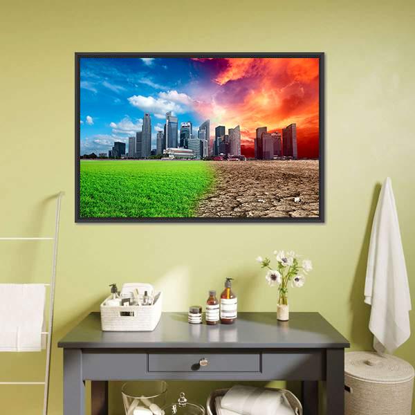 Global Warming Effect In City Canvas Wall Art-1 Piece-Floating Frame-24" x 16"-Tiaracle