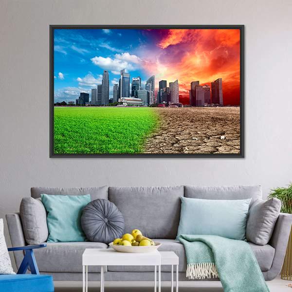 Global Warming Effect In City Canvas Wall Art-5 Horizontal-Gallery Wrap-22" x 12"-Tiaracle