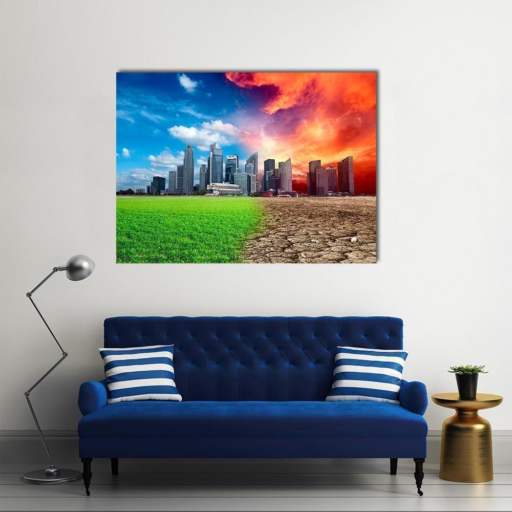 City Split by Climate Change Canvas Wall Art in orange, green and blue, single panel hung on a wall