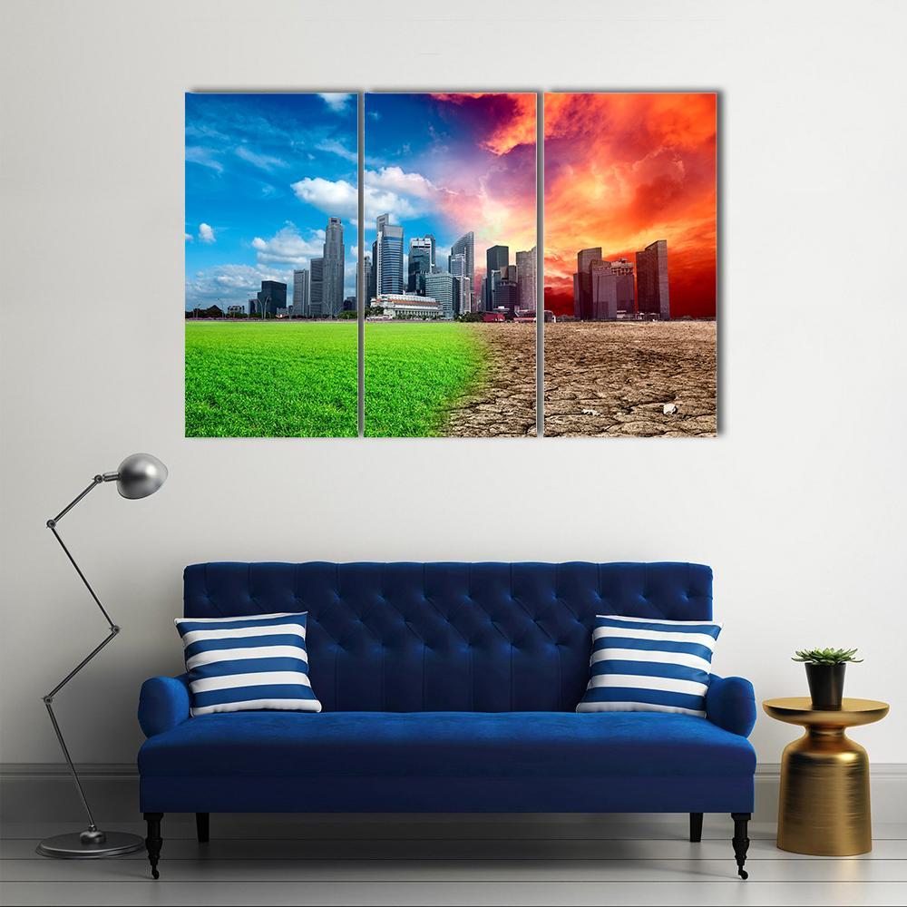 Global Warming Effect In City Canvas Wall Art-3 Horizontal-Gallery Wrap-37" x 24"-Tiaracle