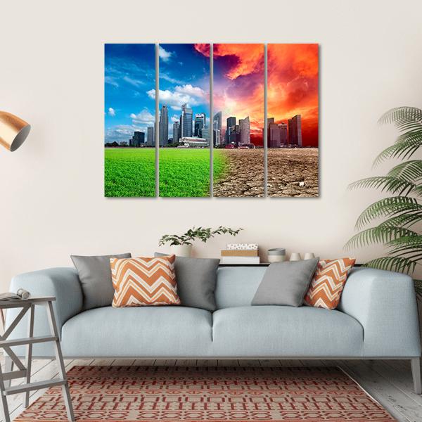 Global Warming Effect In City Canvas Wall Art-4 Horizontal-Gallery Wrap-34" x 24"-Tiaracle