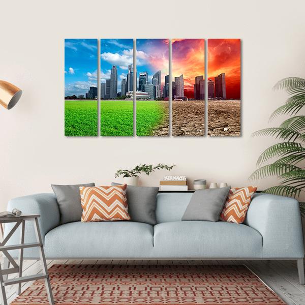 Global Warming Effect In City Canvas Wall Art-5 Horizontal-Gallery Wrap-22" x 12"-Tiaracle