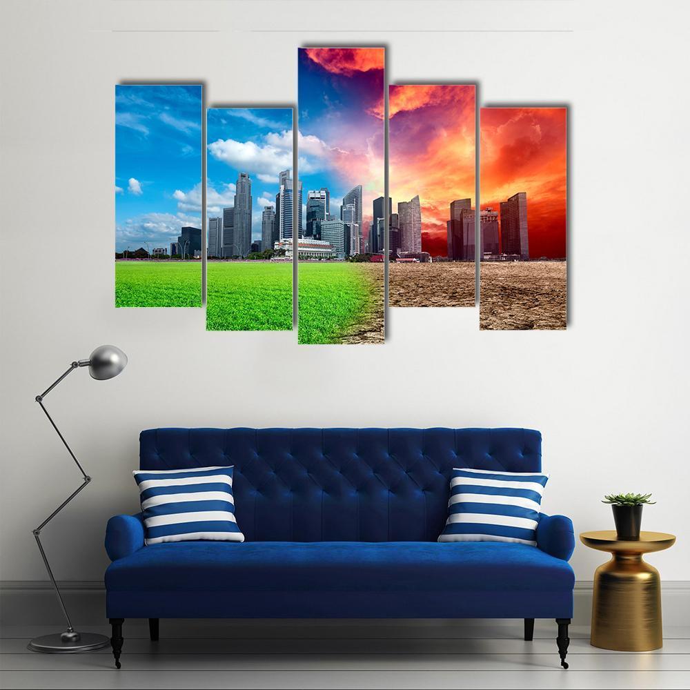 Global Warming Effect In City Canvas Wall Art-5 Pop-Gallery Wrap-47" x 32"-Tiaracle