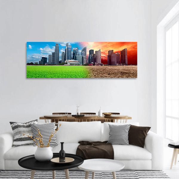 Global Warming Effect In City Panoramic Canvas Wall Art-3 Piece-25" x 08"-Tiaracle