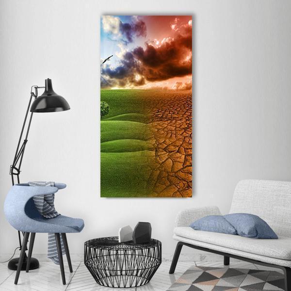 Global Warming Split Landscape Vertical Canvas Wall Art in orange, green and blue, single vertical panel hung on a wall