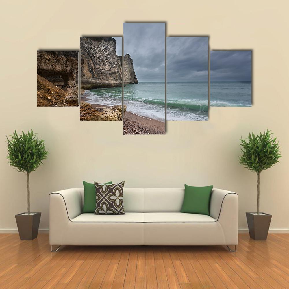 Gloomy Weather On Rocky Coast Canvas Wall Art-5 Star-Gallery Wrap-62" x 32"-Tiaracle