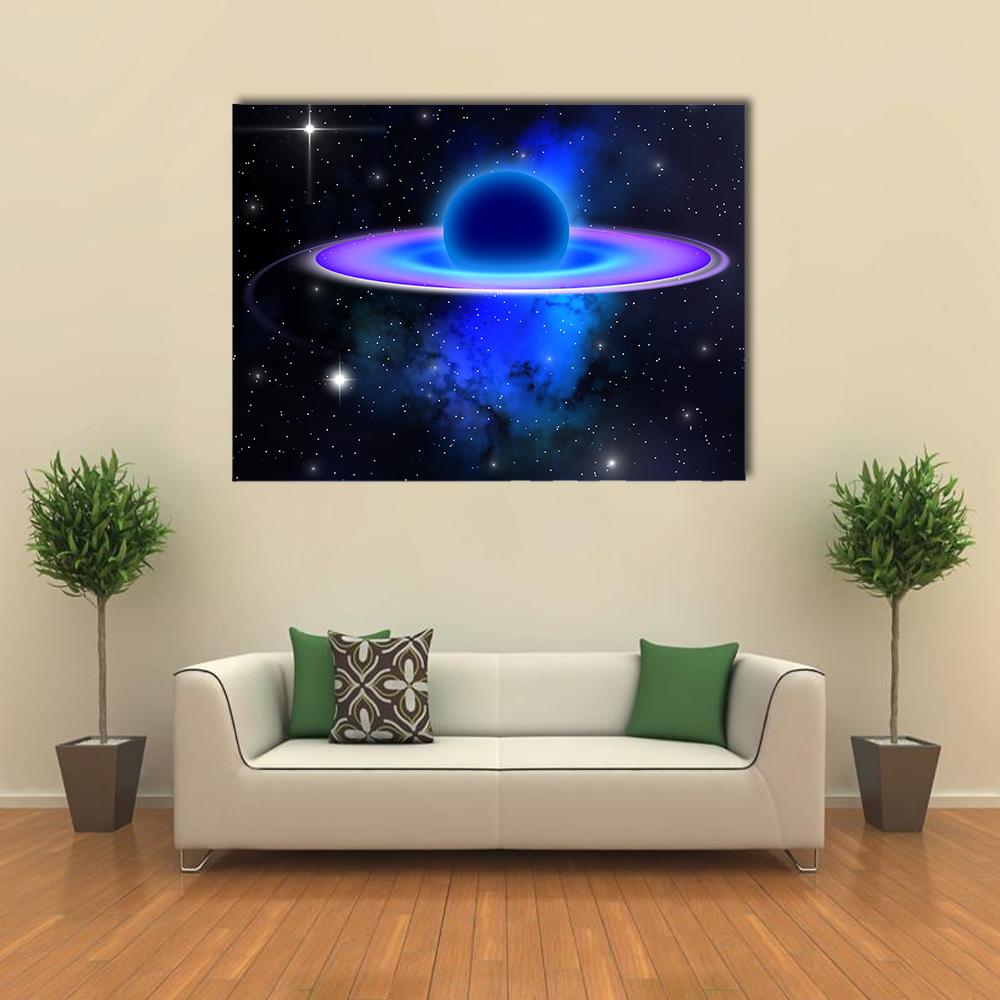 Glowing Black Hole Canvas Wall Art in black, blue and purple, single panel hung on a wall