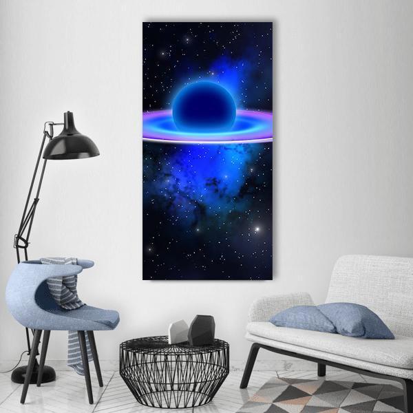 Glowing Black Hole Vertical Canvas Wall Art in black, blue and purple, single vertical panel hung on a wall