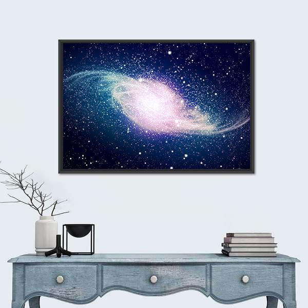 Glowing Galaxy Against Black Space Canvas Wall Art in black, blue and purple, framed canvas, product view on a white background
