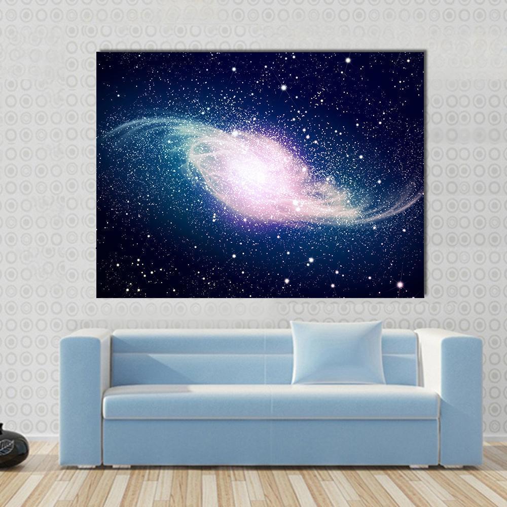 Glowing Galaxy Against Black Space Canvas Wall Art in black, blue and purple, single panel hung on a wall