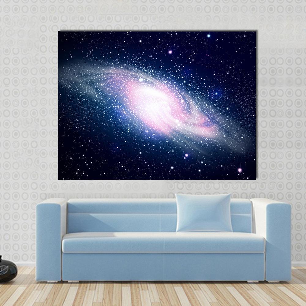 Glowing Galaxy and Stars Canvas Wall Art in black, blue and pink, single panel hung on a wall