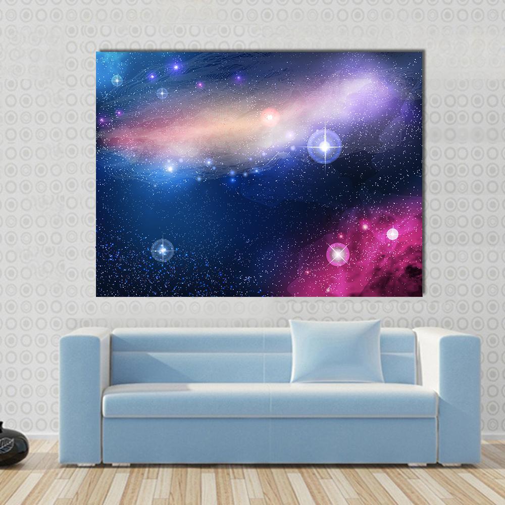 Glowing Galaxy with Stars Canvas Wall Art in blue, purple and pink, single panel hung on a wall