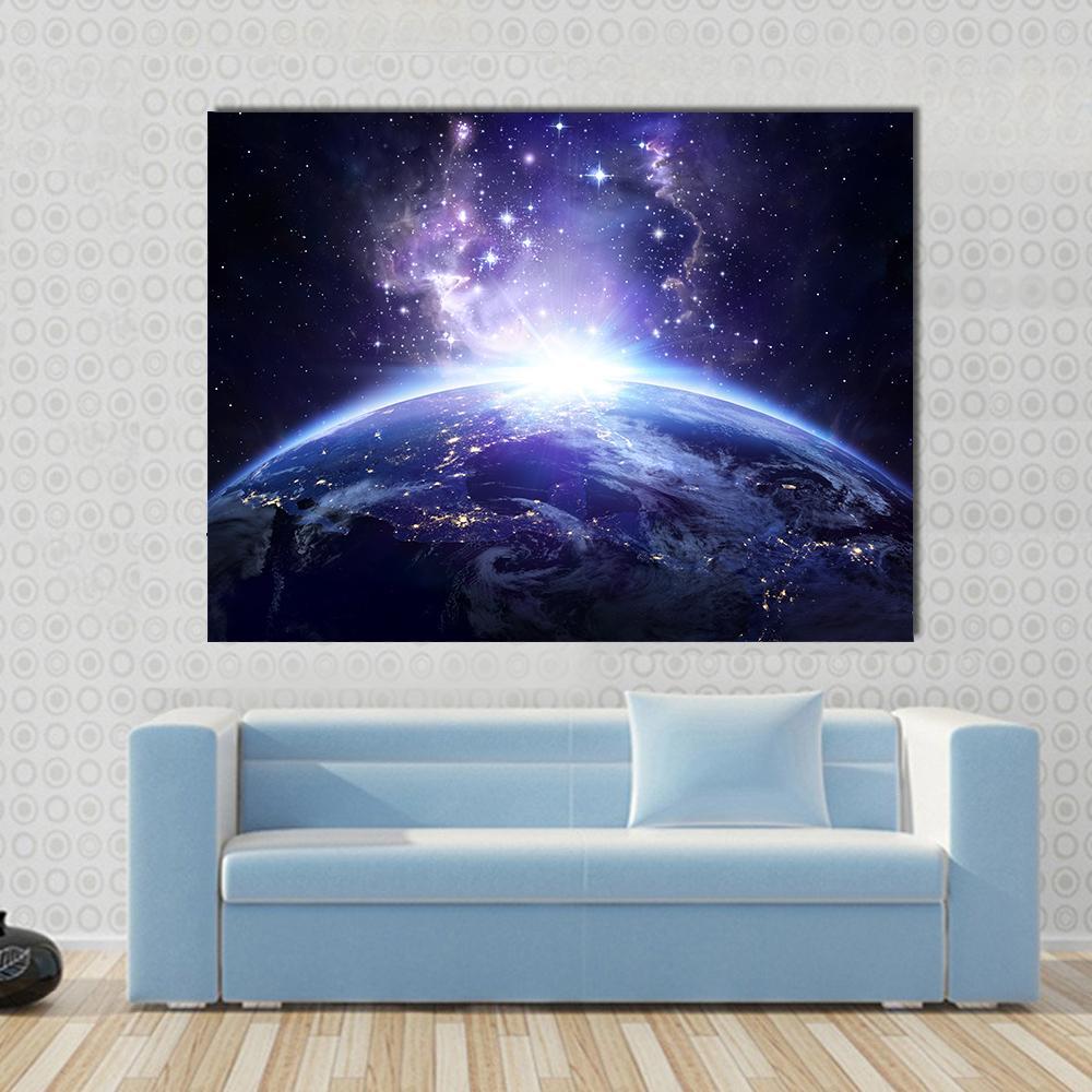 Glowing Lights on Planet Earth Canvas Wall Art in black, blue and purple, single panel hung on a wall
