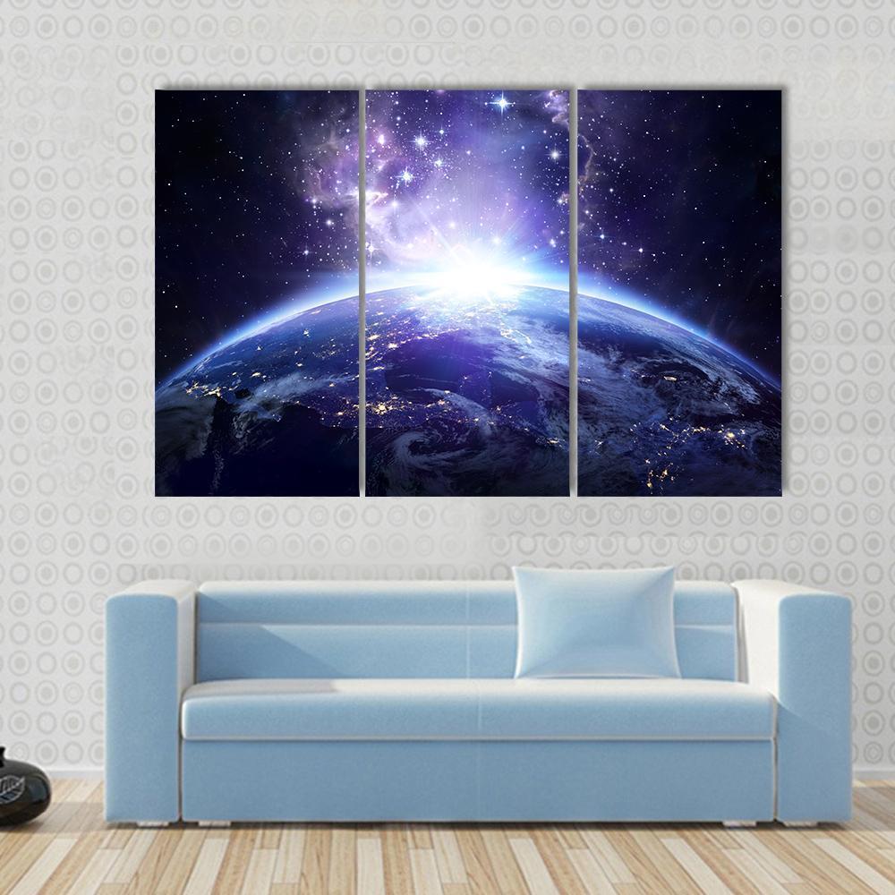 Glowing Lights On Planet Earth Canvas Wall Art-3 Horizontal-Gallery Wrap-37" x 24"-Tiaracle