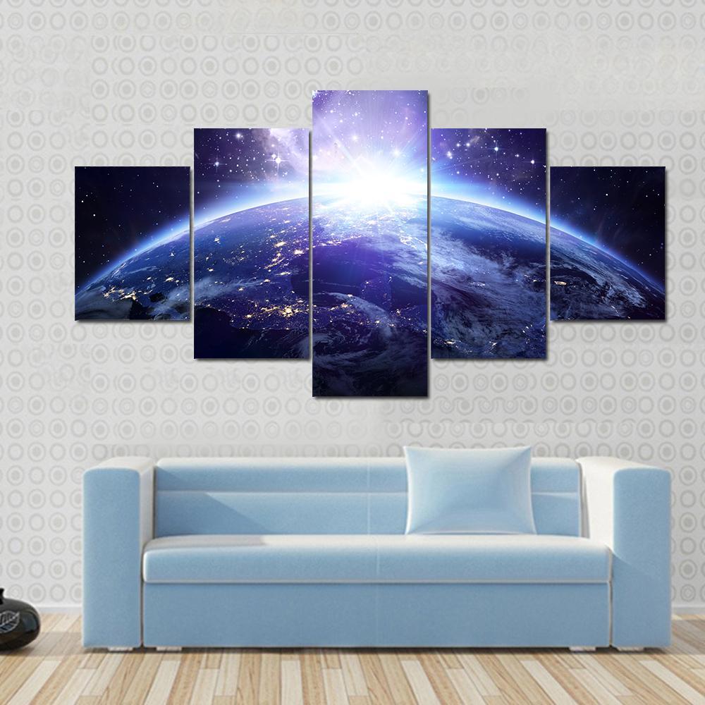 Glowing Lights On Planet Earth Canvas Wall Art-5 Star-Gallery Wrap-62" x 32"-Tiaracle