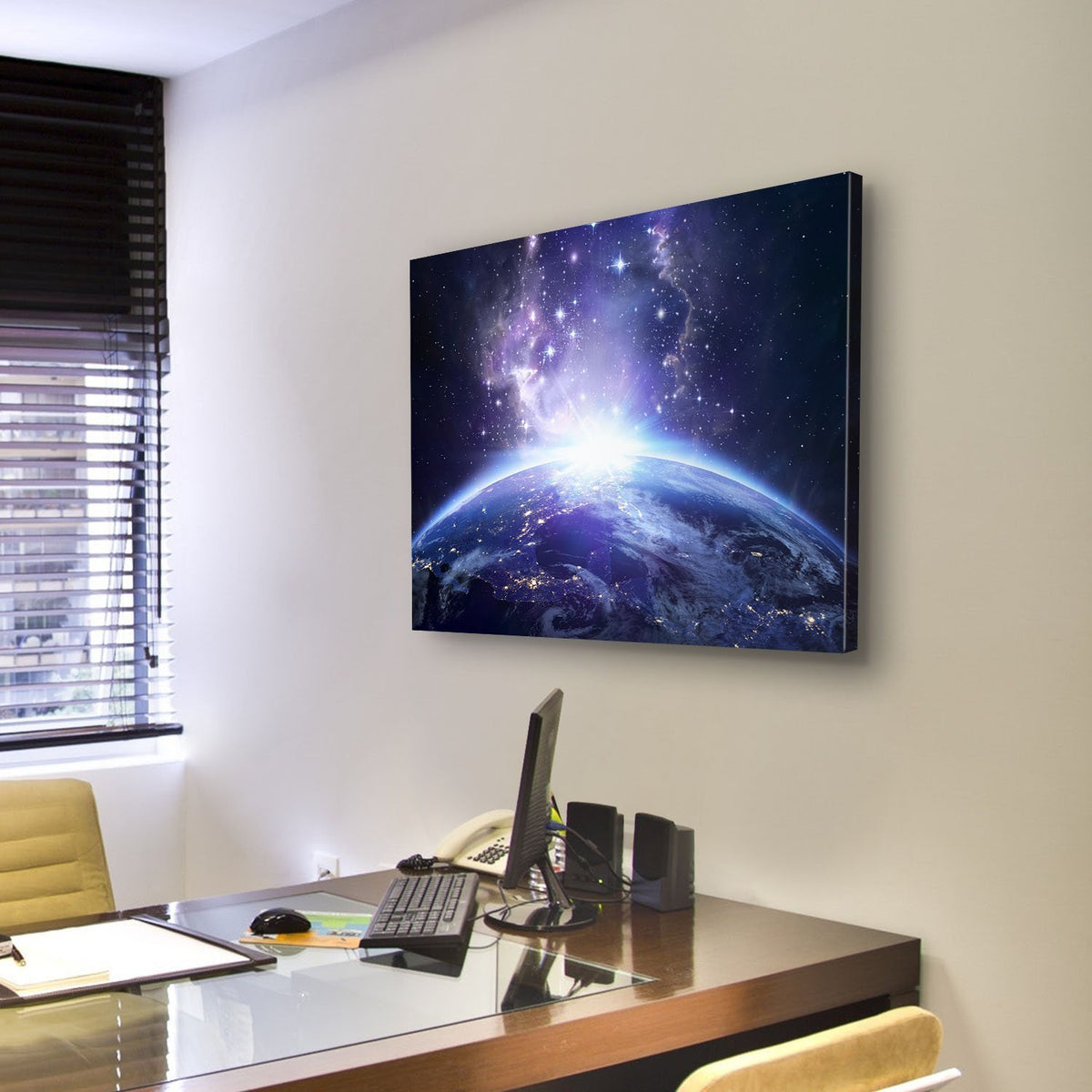 Glowing Lights On Planet Earth Canvas Wall Art-3 Horizontal-Gallery Wrap-25" x 16"-Tiaracle