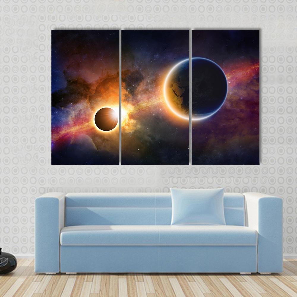 Glowing Planet Earth In Space Canvas Wall Art-3 Horizontal-Gallery Wrap-37" x 24"-Tiaracle