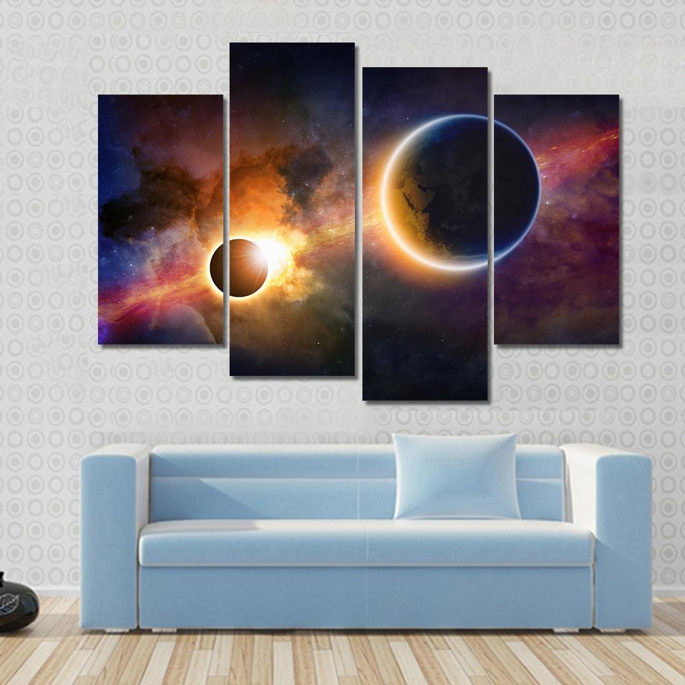 Glowing Planet Earth In Space Canvas Wall Art-4 Pop-Gallery Wrap-50" x 32"-Tiaracle