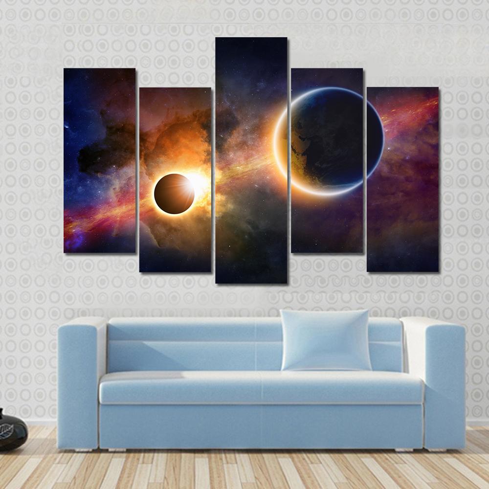 Glowing Planet Earth In Space Canvas Wall Art-5 Pop-Gallery Wrap-47" x 32"-Tiaracle