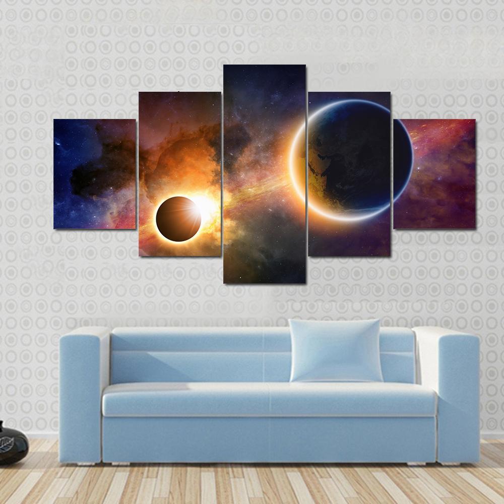 Glowing Planet Earth In Space Canvas Wall Art-5 Pop-Gallery Wrap-47" x 32"-Tiaracle