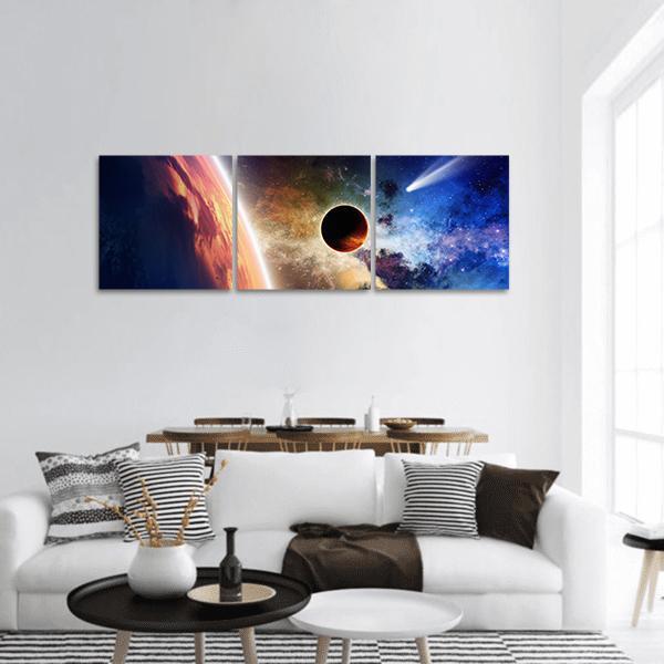 Comet &amp; Glowing Planet Panoramic Canvas Wall Art-3 Piece-25" x 08"-Tiaracle