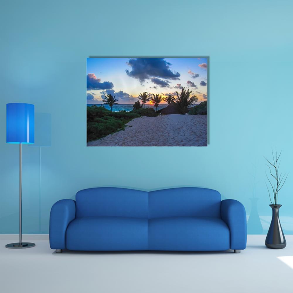 God of Winds Temple at Sunset Canvas Wall Art in gray, orange and blue, single panel hung on a wall