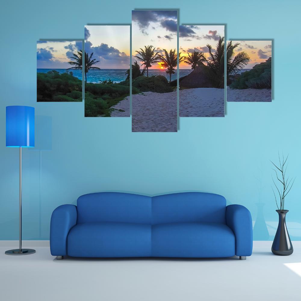 God of Winds Temple at Sunset Canvas Wall Art in gray, orange and blue, 5 panel Star layout hung on a wall