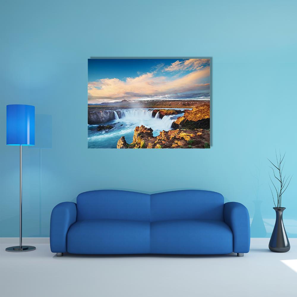 Godafoss Waterfall At Sunset Canvas Wall Art-1 Piece-Gallery Wrap-36" x 24"-Tiaracle