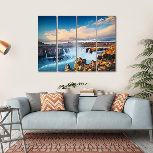 Godafoss Waterfall At Sunset Canvas Wall Art-4 Horizontal-Gallery Wrap-34" x 24"-Tiaracle