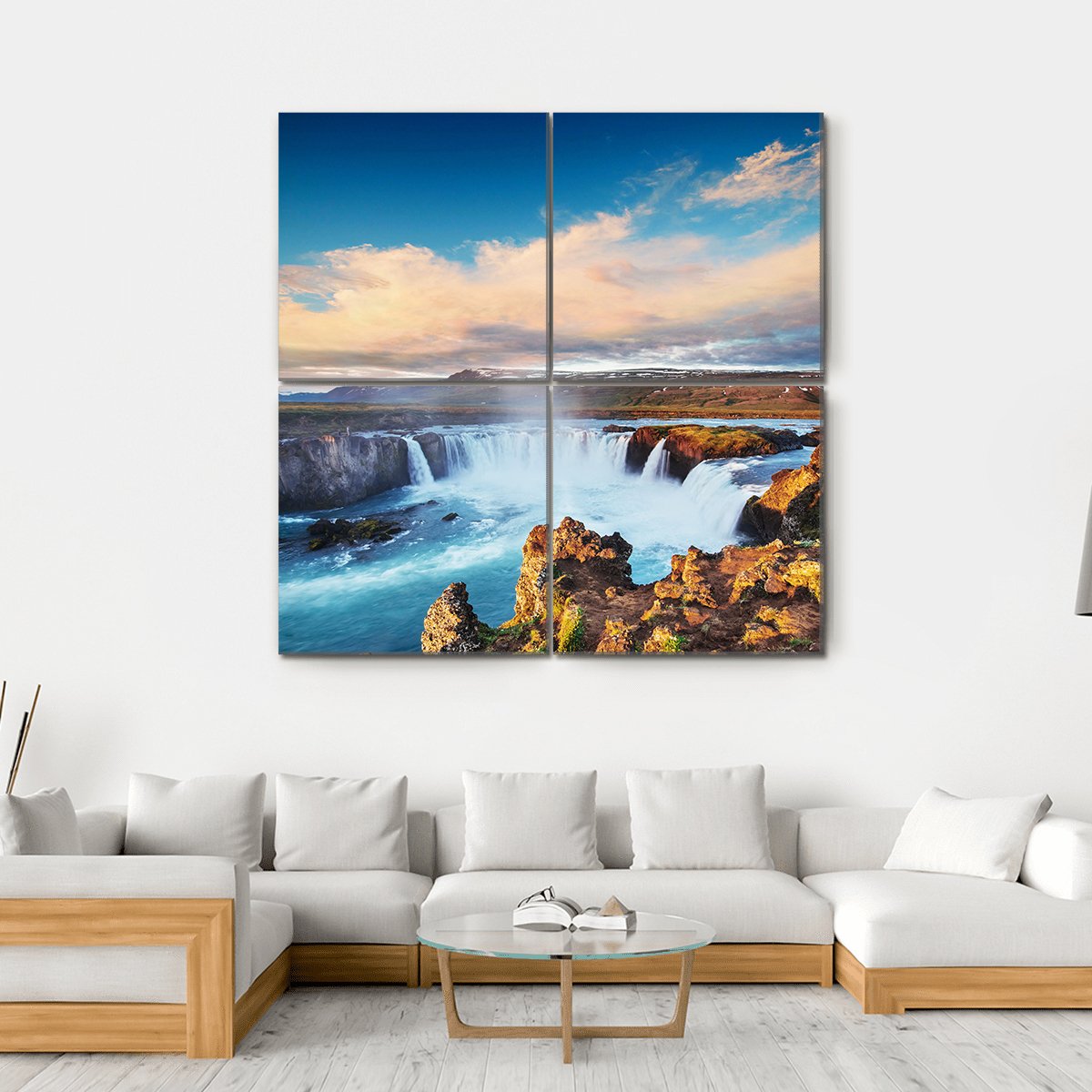 Godafoss Waterfall At Sunset Canvas Wall Art-4 Square-Gallery Wrap-17" x 17"-Tiaracle