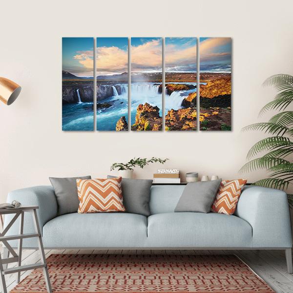 Godafoss Waterfall At Sunset Canvas Wall Art-5 Horizontal-Gallery Wrap-22" x 12"-Tiaracle