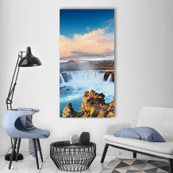 Godafoss Waterfall At Sunset Vertical Canvas Wall Art-3 Vertical-Gallery Wrap-12" x 25"-Tiaracle