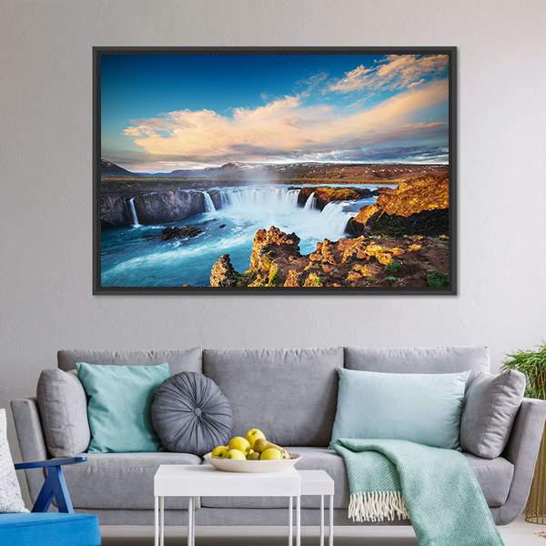 Godafoss Waterfall At Sunset Vertical Canvas Wall Art-3 Vertical-Gallery Wrap-12" x 25"-Tiaracle